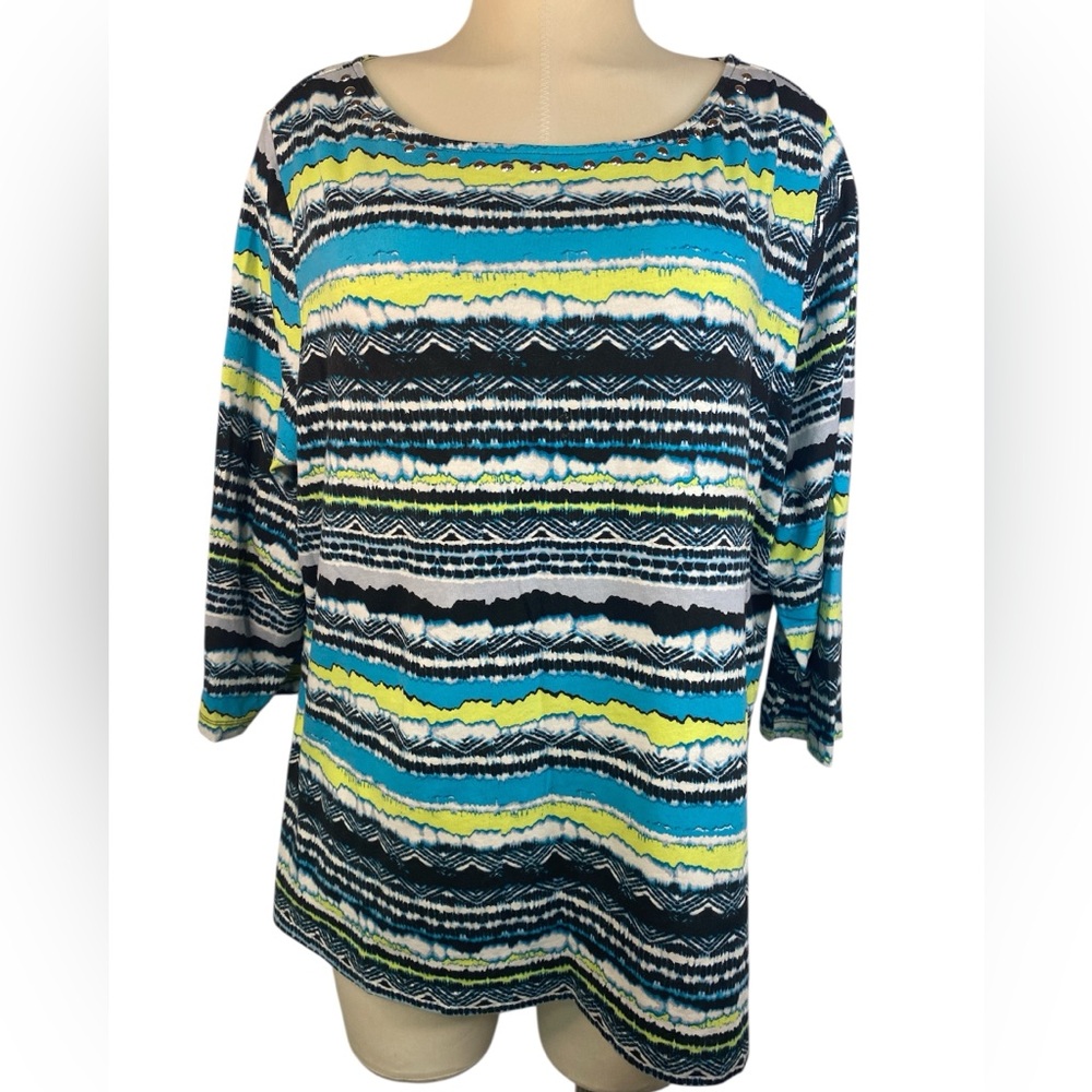 Ruby Rd. Blue and Yellow Patterned Long Sleeve Top Women’s Size 1X
